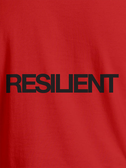 Close up of 'Resilient' design on Men's Red Round Neck T-shirt, highlighting intricate details and vibrant print.
