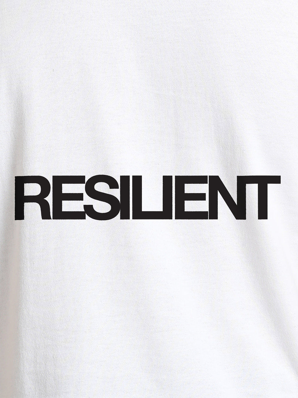 Close up of 'Resilient' design on Men's White Round Neck T-shirt, highlighting intricate details and vibrant print.