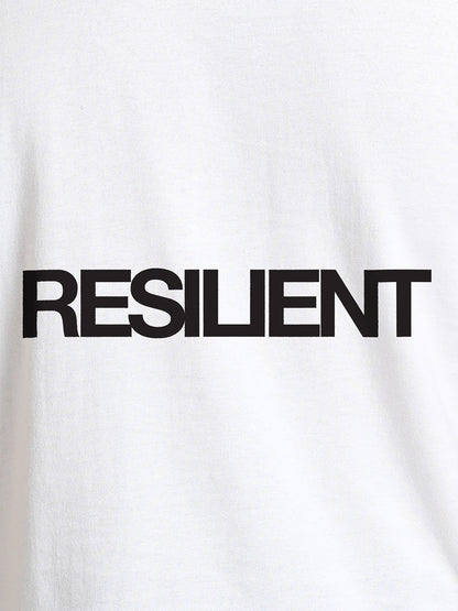 Close up of 'Resilient' design on Men's White Round Neck T-shirt, highlighting intricate details and vibrant print.