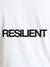Close up of 'Resilient' design on Men's White Round Neck T-shirt, highlighting intricate details and vibrant print.