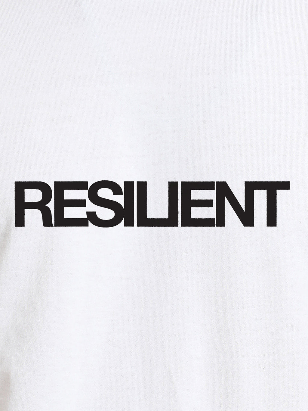 Close up of 'Resilient' design on Women's White Round Neck T-shirt, highlighting intricate details and vibrant print.