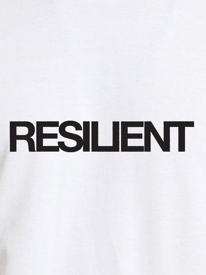 Close up of 'Resilient' design on Women's White Round Neck T-shirt, highlighting intricate details and vibrant print.