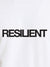 Close up of 'Resilient' design on Women's White Round Neck T-shirt, highlighting intricate details and vibrant print.