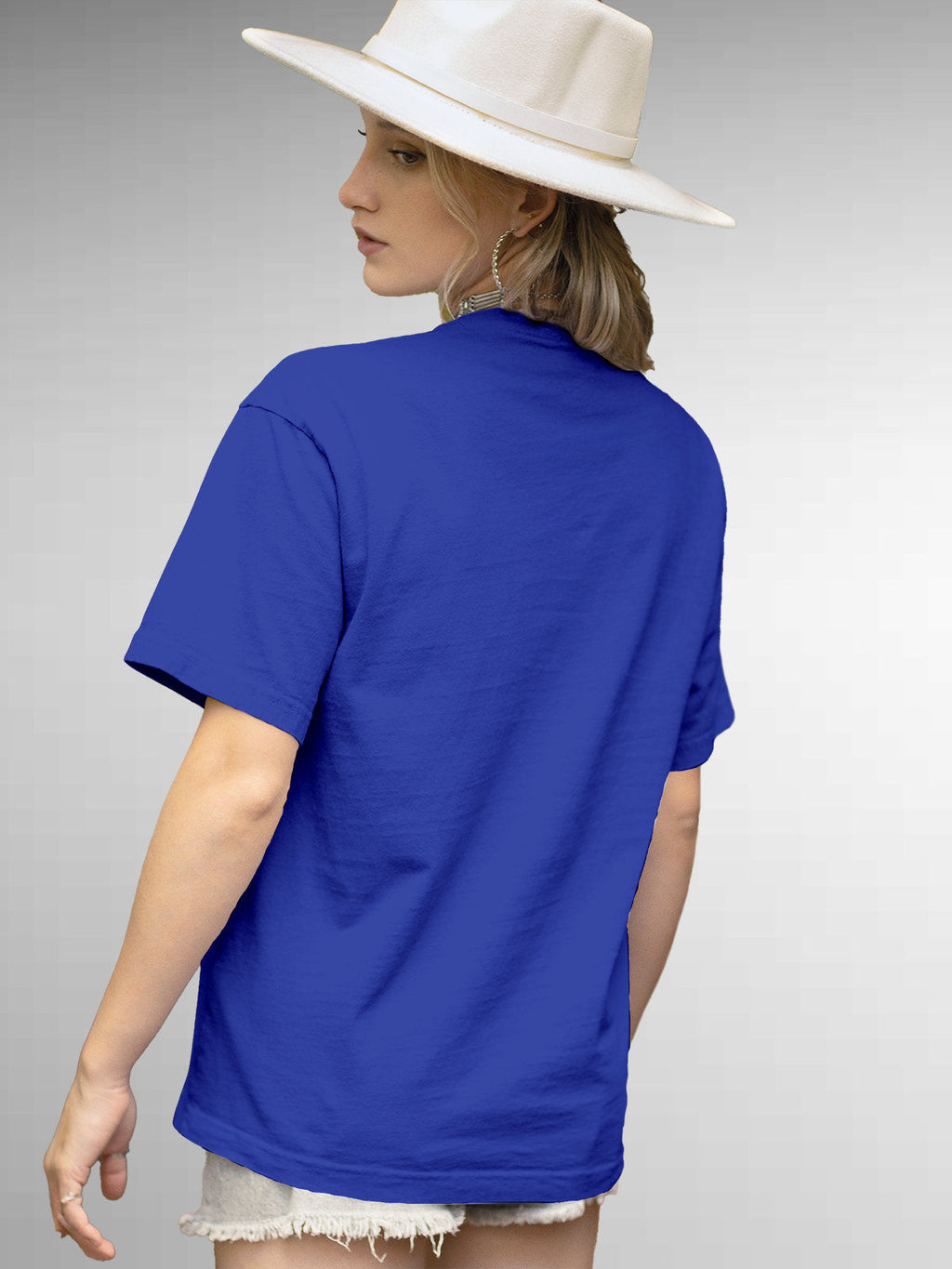 Back view of Fighterhero Women's Blue Round Neck T-shirt, highlighting the modern look and clean finish