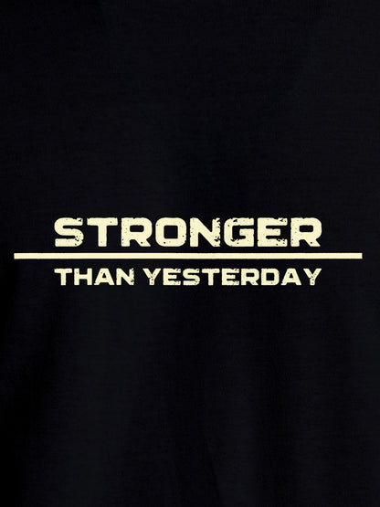 Close up of 'Stronger Than Yesterday' design on Women's Black Round Neck T-shirt, highlighting intricate details and vibrant print.
