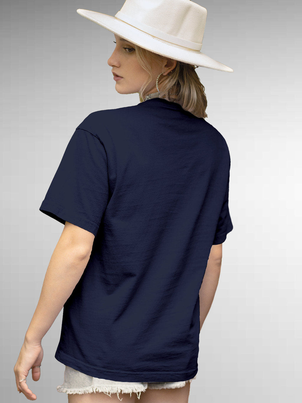 Back view of Fighterhero Women's Navy Blue Round Neck T-shirt, highlighting the modern look and clean finish