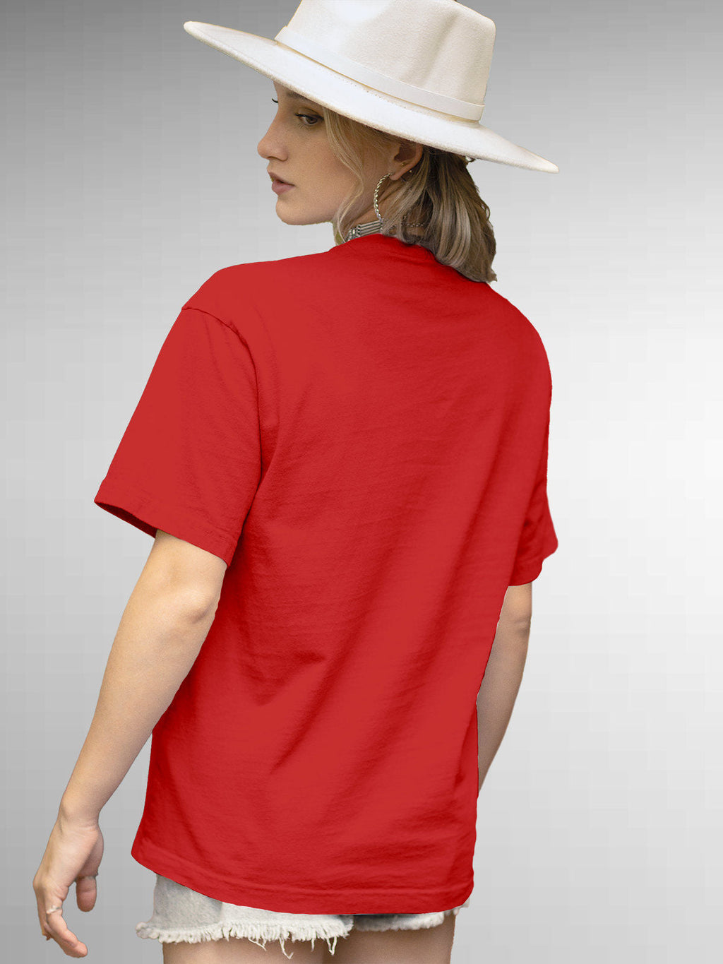 Back view of Fighterhero Women's Red Round Neck T-shirt, highlighting the modern look and clean finish