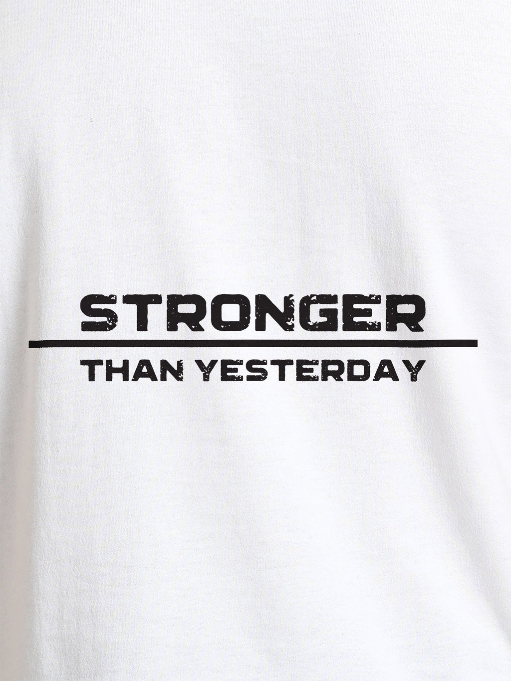 Close up of 'Stronger Than Yesterday' design on Men's White Round Neck T-shirt, highlighting intricate details and vibrant print.