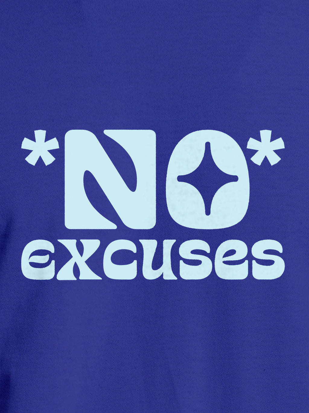 Close up of 'No Excuses' design on Men's Blue Round Neck T-shirt, highlighting intricate details and vibrant print.