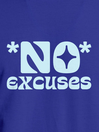 Close up of 'No Excuses' design on Men's Blue Round Neck T-shirt, highlighting intricate details and vibrant print.