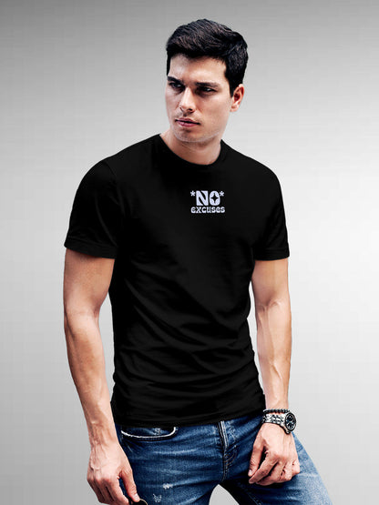 Model wearing Men's Black Round Neck T-shirt with 'No Excuses' design, offering effortless style and premium comfort