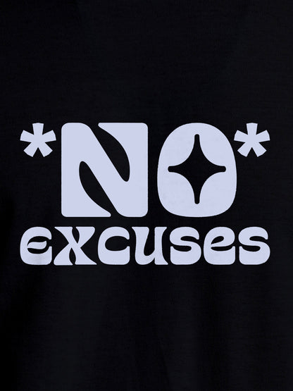 Close up of 'No Excuses' design on Men's Black Round Neck T-shirt, highlighting intricate details and vibrant print.
