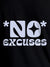 Close up of 'No Excuses' design on Women's Black Round Neck T-shirt, highlighting intricate details and vibrant print.