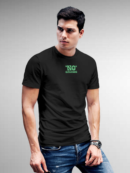 Model wearing Men's Dark Grey Round Neck T-shirt with 'No Excuses' design, offering effortless style and premium comfort