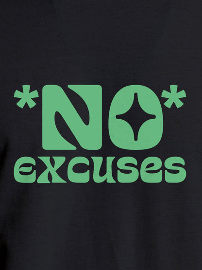 Close up of 'No Excuses' design on Men's Dark Grey Round Neck T-shirt, highlighting intricate details and vibrant print.