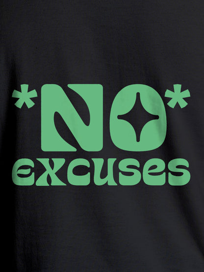 Close up of 'No Excuses' design on Women's Dark Grey Round Neck T-shirt, highlighting intricate details and vibrant print.