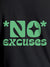 Close up of 'No Excuses' design on Women's Dark Grey Round Neck T-shirt, highlighting intricate details and vibrant print.