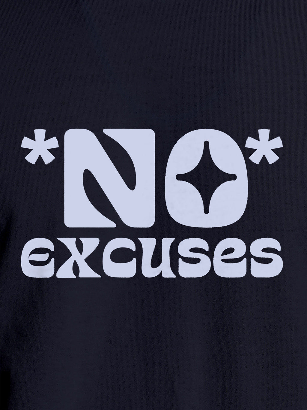 Close up of 'No Excuses' design on Men's Navy Blue Round Neck T-shirt, highlighting intricate details and vibrant print.