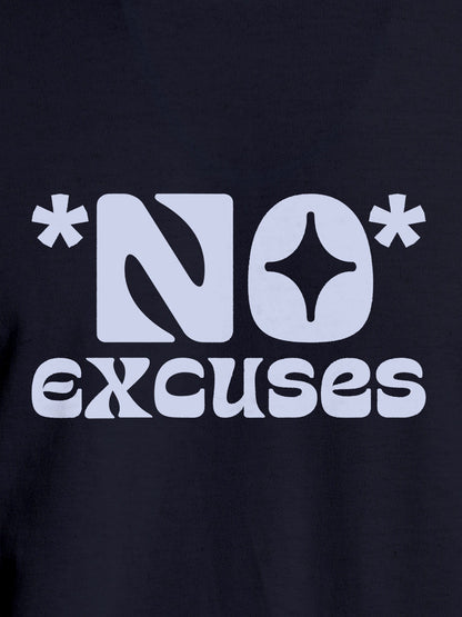 Close up of 'No Excuses' design on Men's Navy Blue Round Neck T-shirt, highlighting intricate details and vibrant print.
