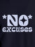 Close up of 'No Excuses' design on Men's Navy Blue Round Neck T-shirt, highlighting intricate details and vibrant print.