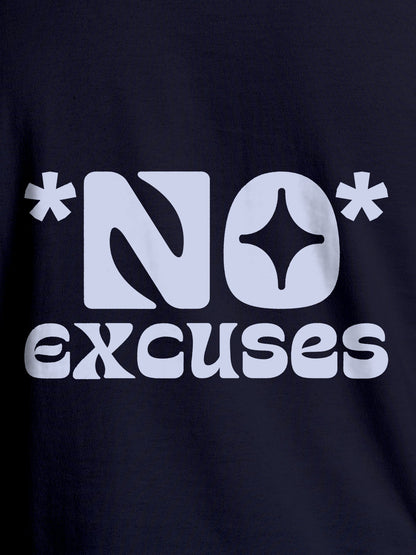 Close up of 'No Excuses' design on Women's Navy Blue Round Neck T-shirt, highlighting intricate details and vibrant print.