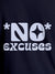 Close up of 'No Excuses' design on Women's Navy Blue Round Neck T-shirt, highlighting intricate details and vibrant print.