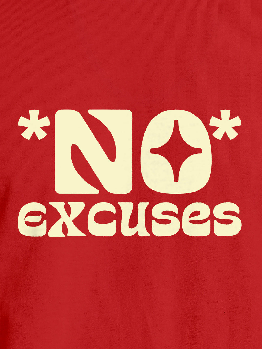 Close up of 'No Excuses' design on Men's Red Round Neck T-shirt, highlighting intricate details and vibrant print.