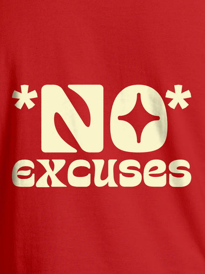 Close up of 'No Excuses' design on Women's Red Round Neck T-shirt, highlighting intricate details and vibrant print.