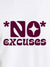 Close up of 'No Excuses' design on Men's White Round Neck T-shirt, highlighting intricate details and vibrant print.