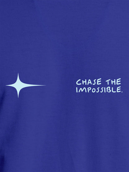 Close up of 'Chase The Impossible' design on Women's Blue Round Neck T-shirt, highlighting intricate details and vibrant print.