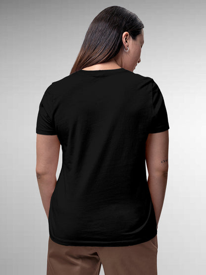 Back view of Fighterhero Women's Black Round Neck T-shirt, highlighting the modern look and clean finish