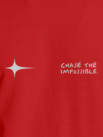 Close up of 'Chase The Impossible' design on Women's Red Round Neck T-shirt, highlighting intricate details and vibrant print.