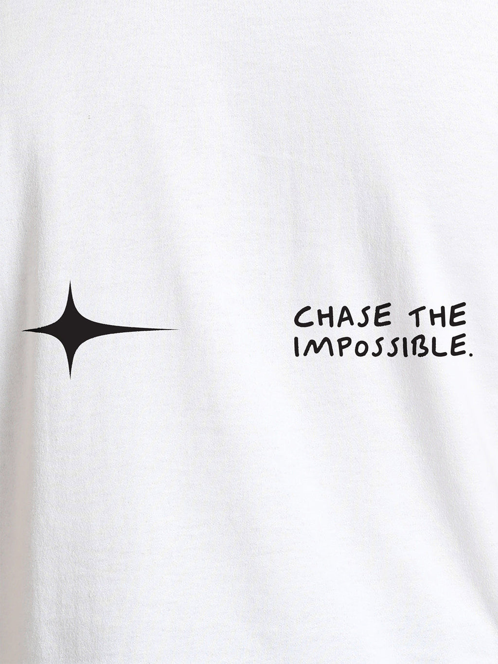 Close up of 'Chase The Impossible' design on Men's White Round Neck T-shirt, highlighting intricate details and vibrant print.