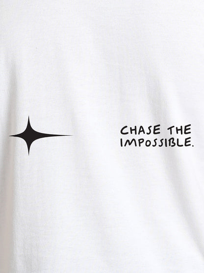 Close up of 'Chase The Impossible' design on Men's White Round Neck T-shirt, highlighting intricate details and vibrant print.