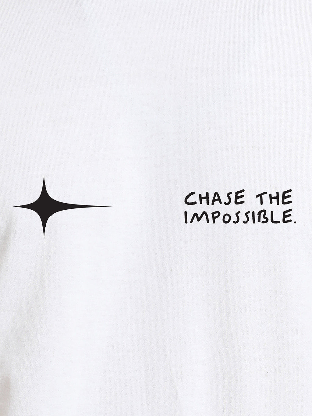 Close up of 'Chase The Impossible' design on Women's White Round Neck T-shirt, highlighting intricate details and vibrant print.