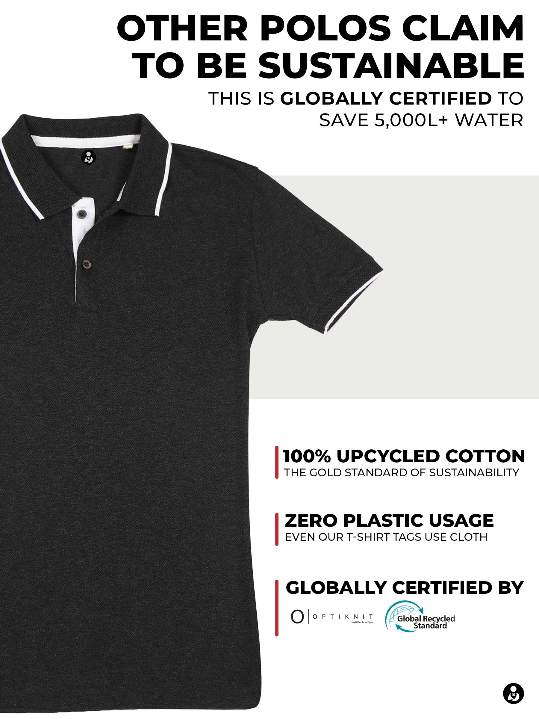 Sustainable Women's Dark Grey Polo T-shirt, certified by Optiknit Textil & Global Recycled Standard, saving 5000L of water