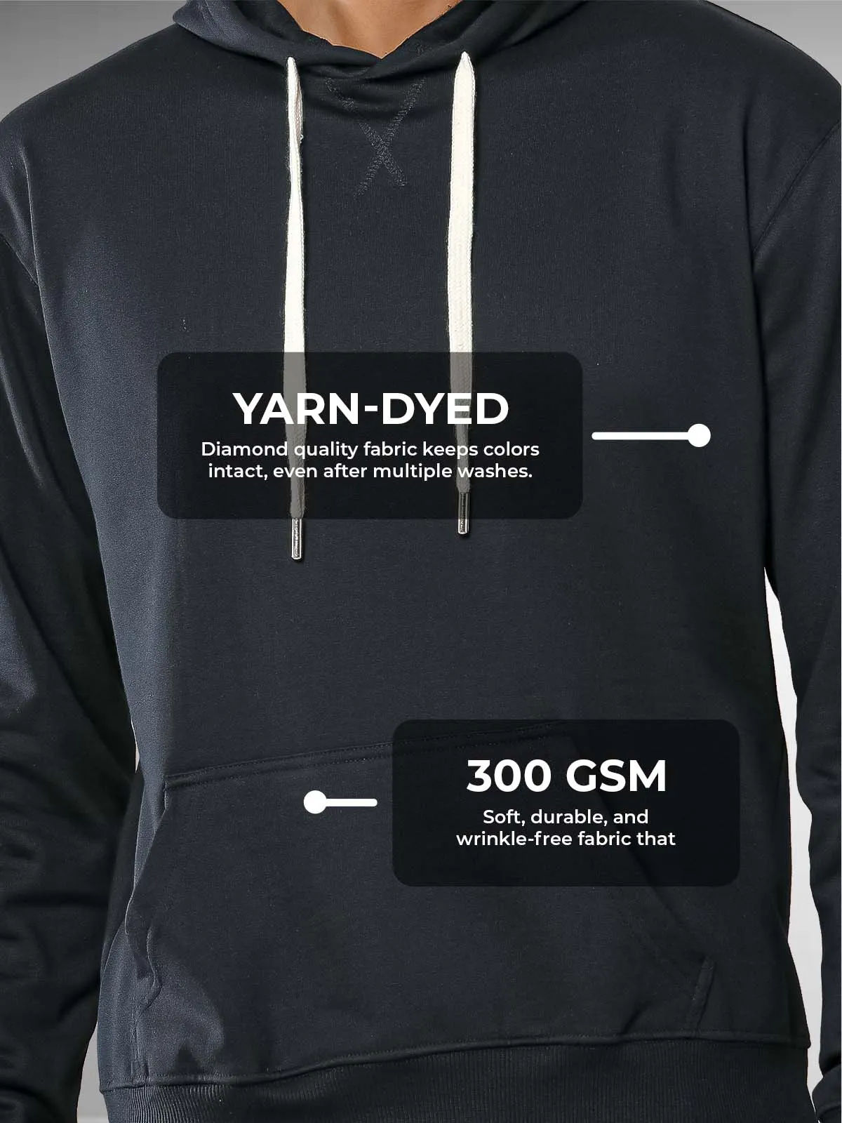 Men's Black Hoodie Sweatshirt made of 300 GSM strong, wrinkle-resistant fabric that doesn't lose color or shape.