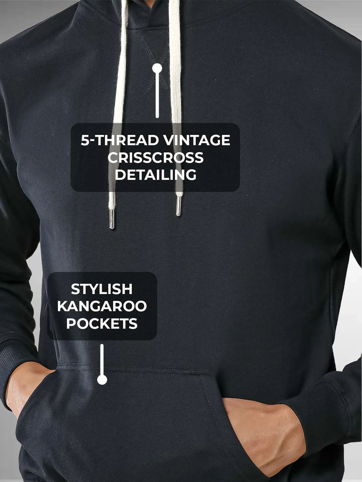 Men's Black Hoodie with Double Needle Armhole Stitch, Stretchable Lycra Ribs, Vintage CrissCross Detailing, and Stylish Kangaroo Pockets.
