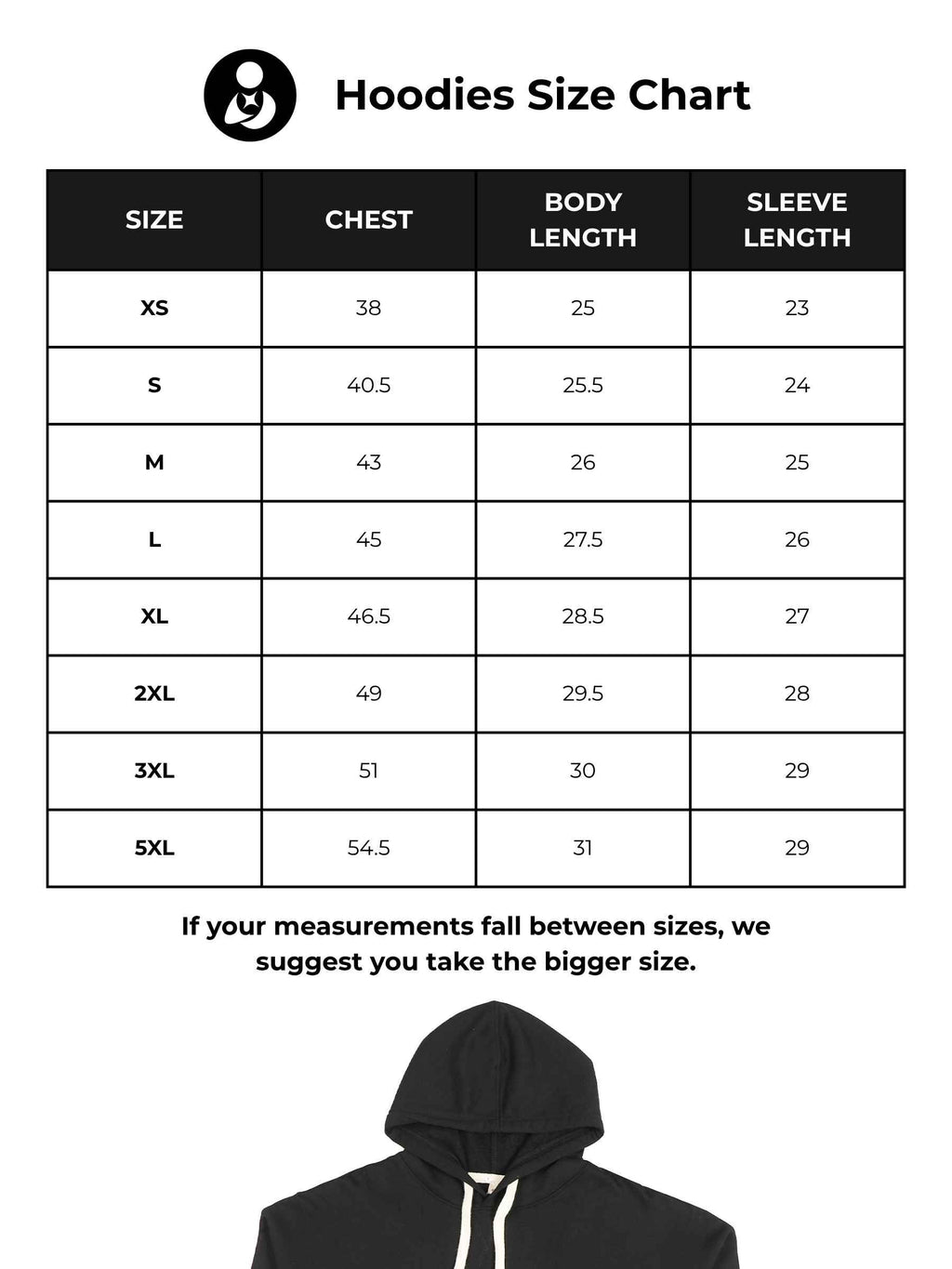 Size chart for Fighterhero Women's Hoodie in Black with 'Endless Horizons' design - Size S-40