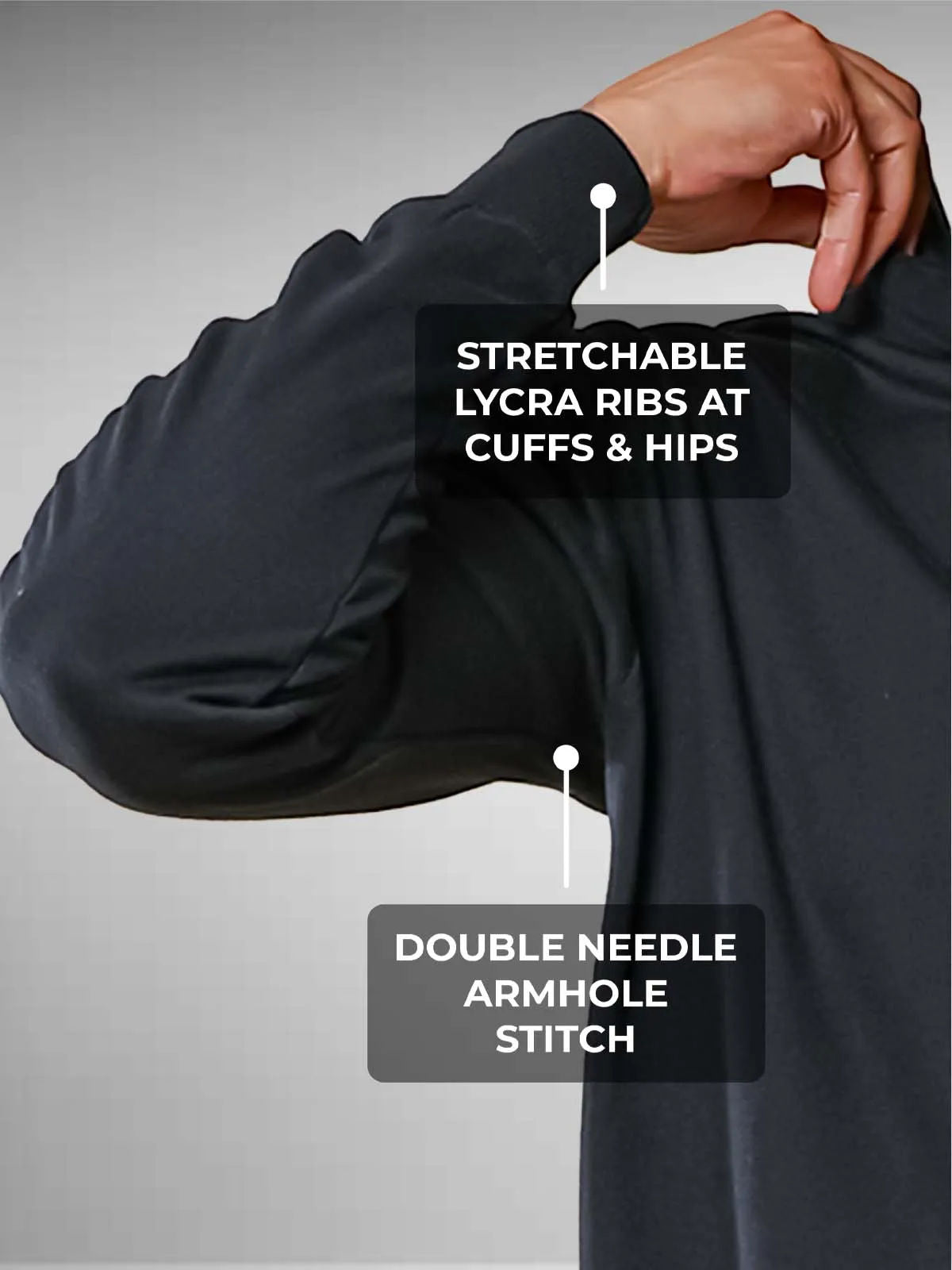 Men's Black Hoodie with Double Needle Armhole Stitch, and Stretchable Lycra Ribs for a premium look.
