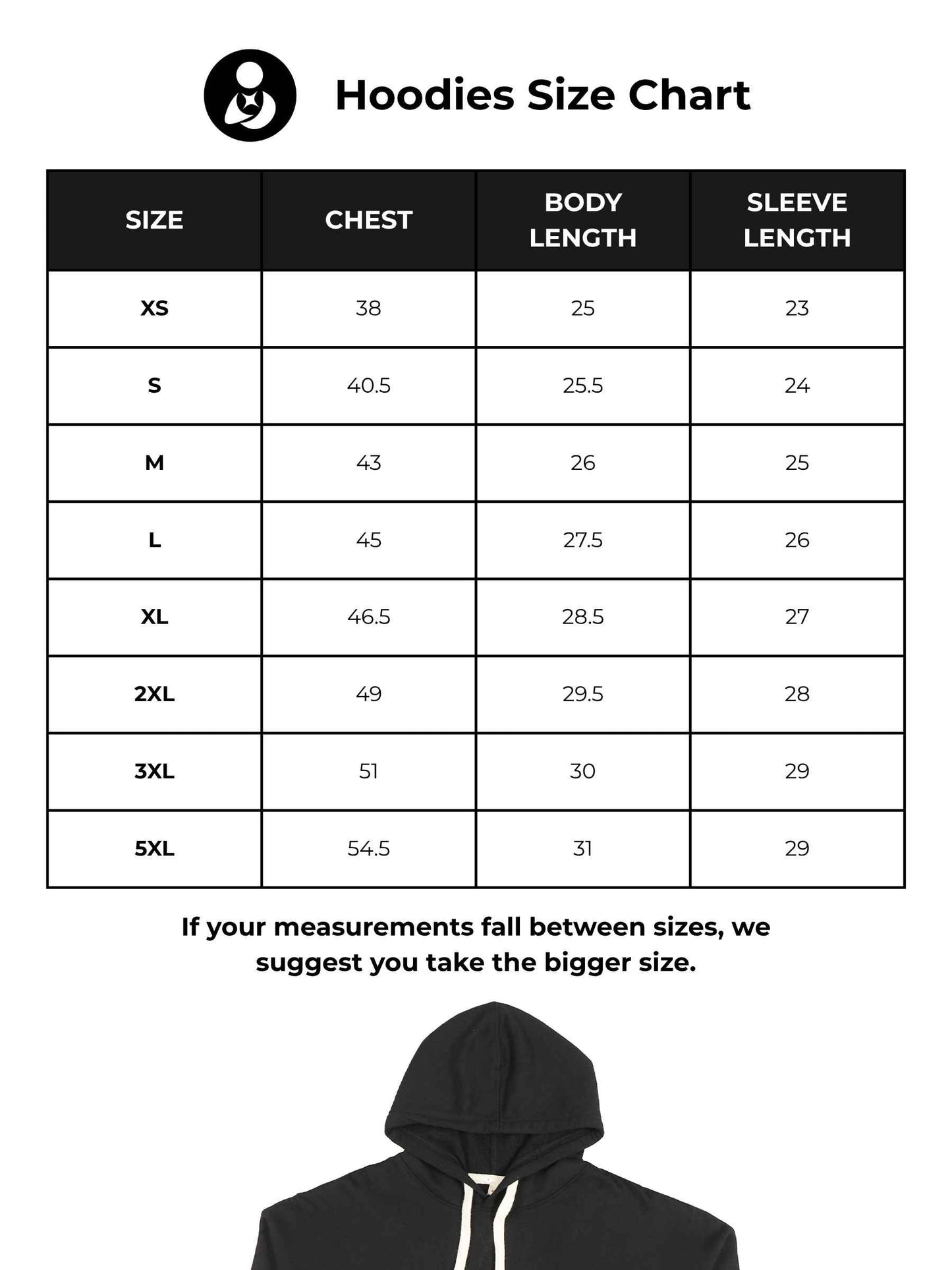 Size chart for Fighterhero Men's Black Hoodie with 'Never Quit' design