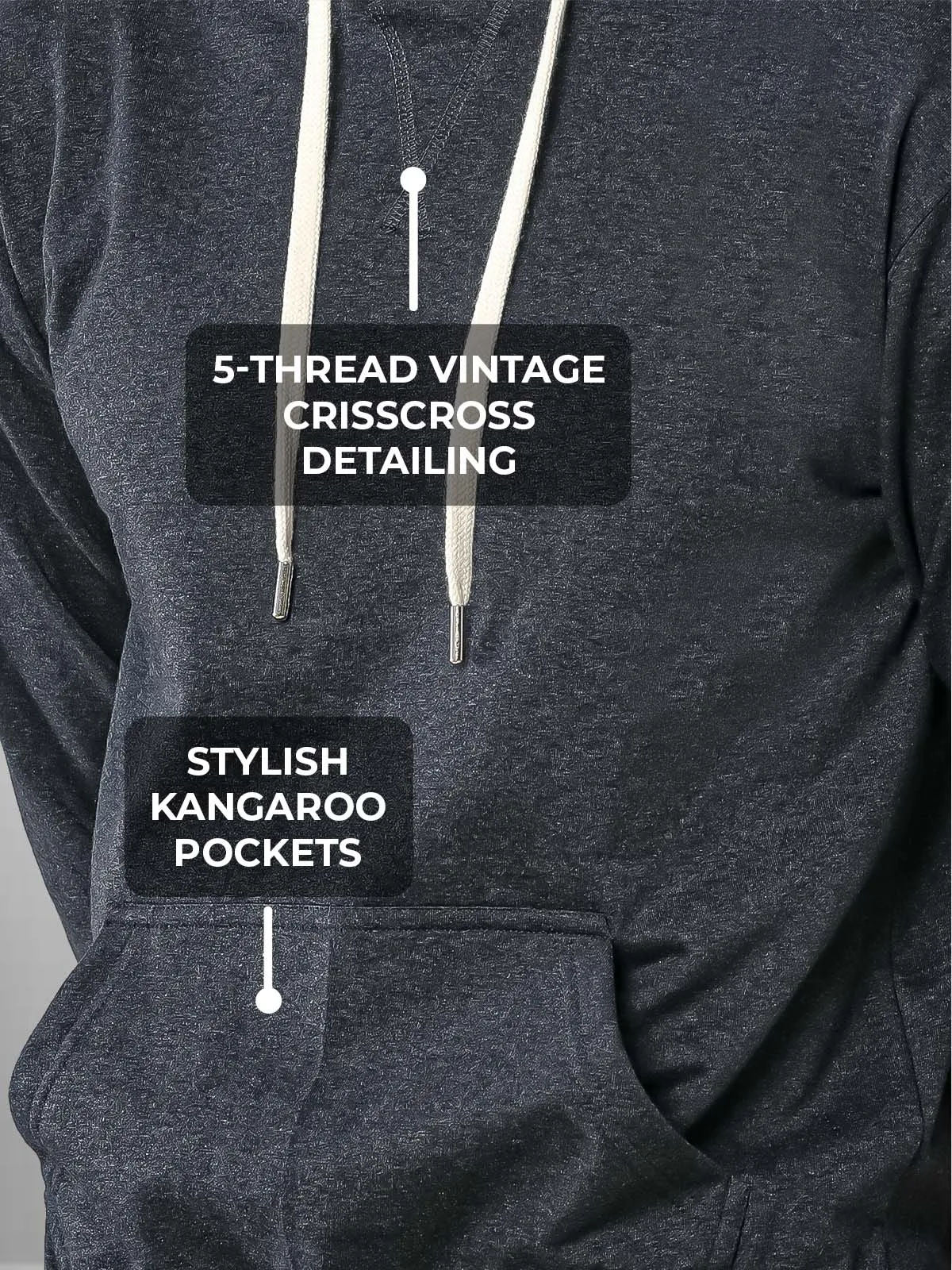 Men's Dark Grey Hoodie with 5-Thread Vintage CrissCross Detailing, and Stylish Kangaroo Pockets for a premium look.