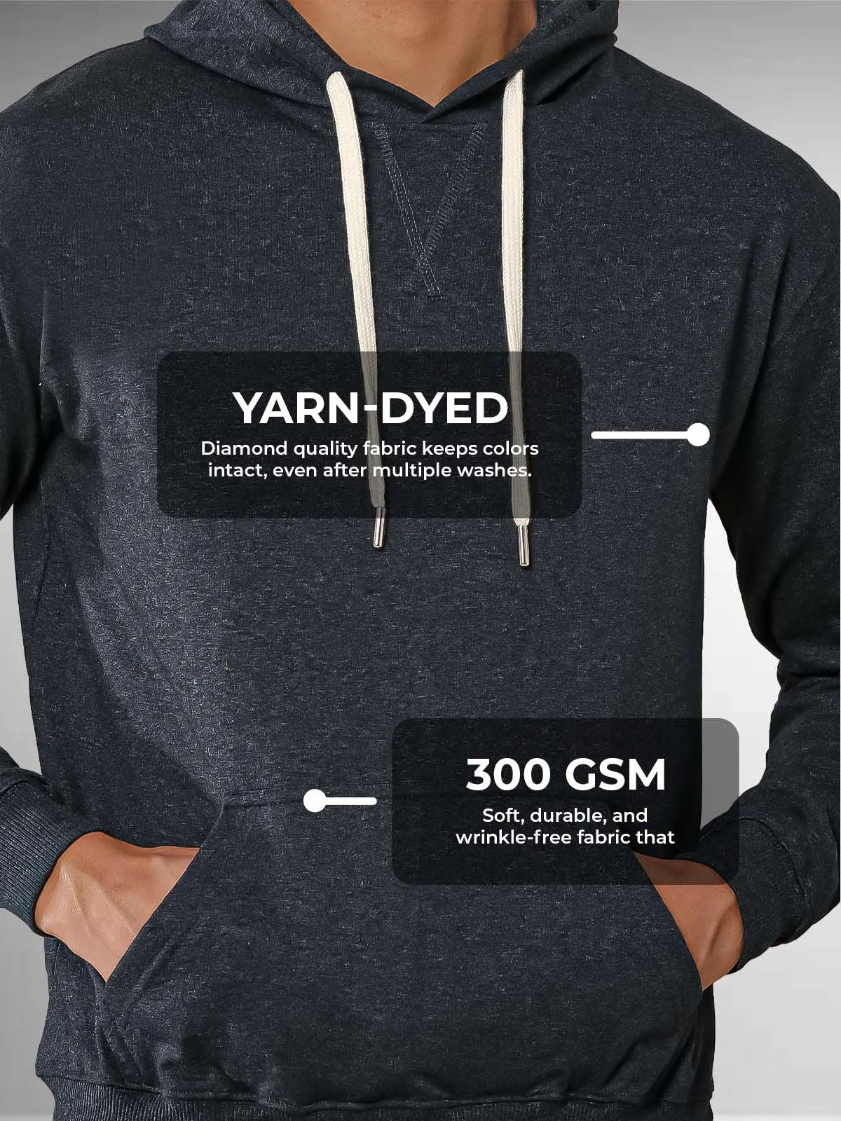 Men's Dark Grey Hoodie Sweatshirt made of 300 GSM strong, wrinkle-resistant fabric that doesn't lose color or shape.