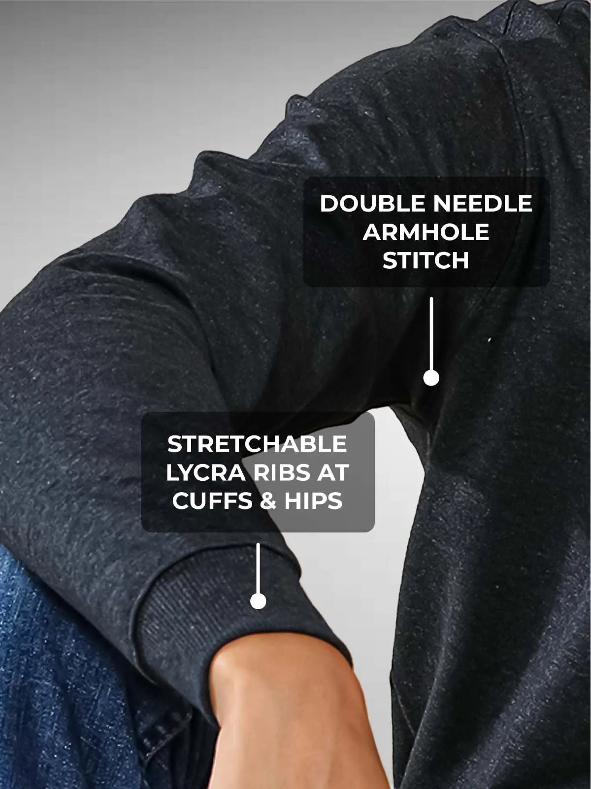Men's Dark Grey Hoodie with Double Needle Armhole Stitch, and Stretchable Lycra Ribs for a premium look.