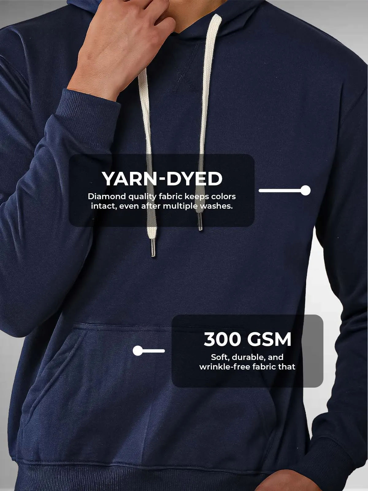 Men's Navy Blue Hoodie Sweatshirt made of 300 GSM strong, wrinkle-resistant fabric that doesn't lose color or shape.