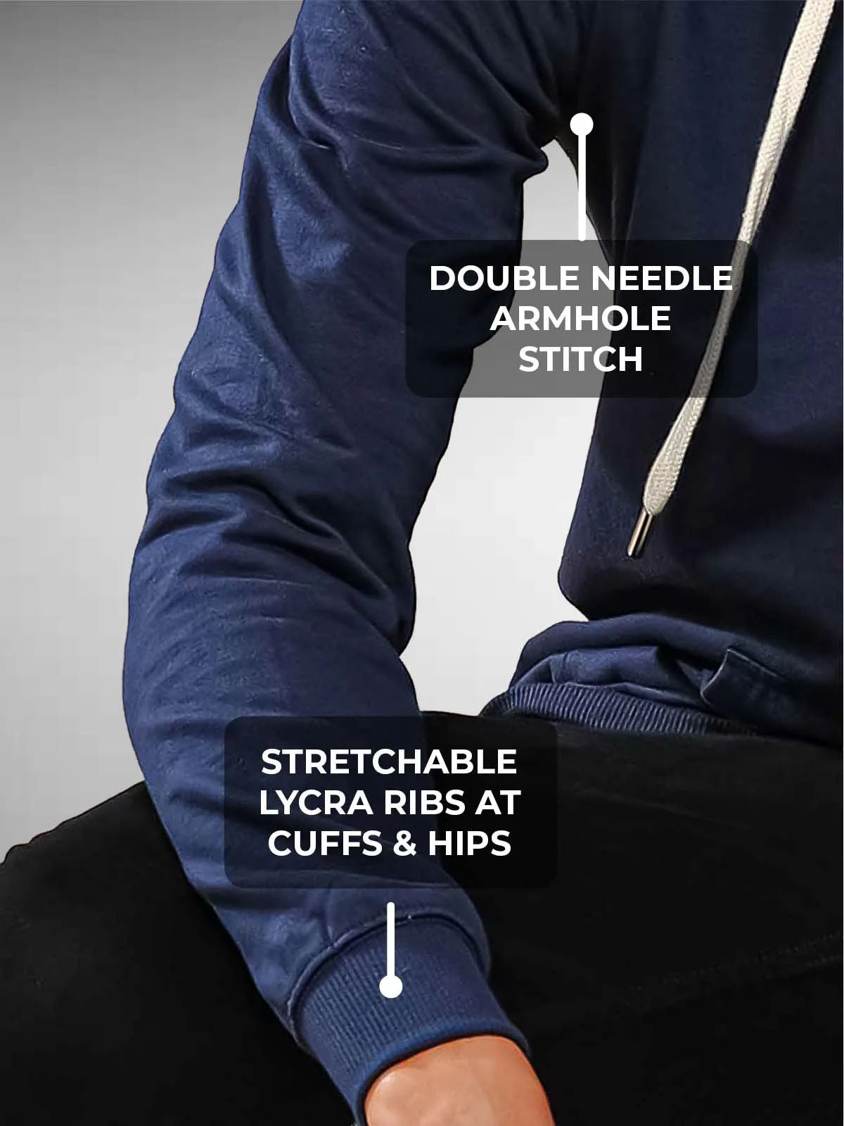 Men's Navy Blue Hoodie with Double Needle Armhole Stitch, and Stretchable Lycra Ribs for a premium look.