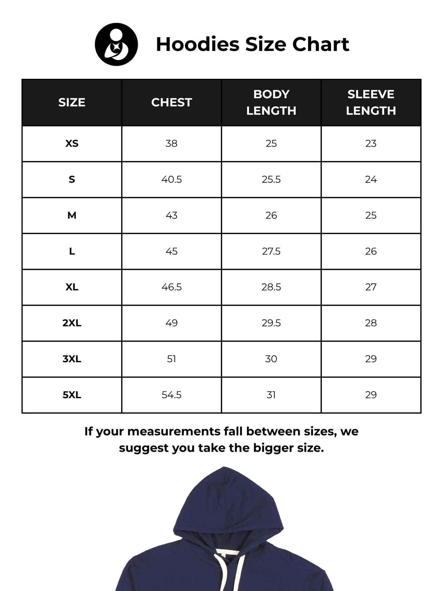 Size chart for Fighterhero Men's Navy Blue Hoodie with 'Never Quit' design