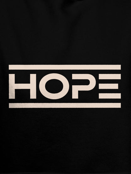 Close up of 'Hope' design on Men's Black Hoodie Sweatshirt, highlighting intricate details and vibrant print.
