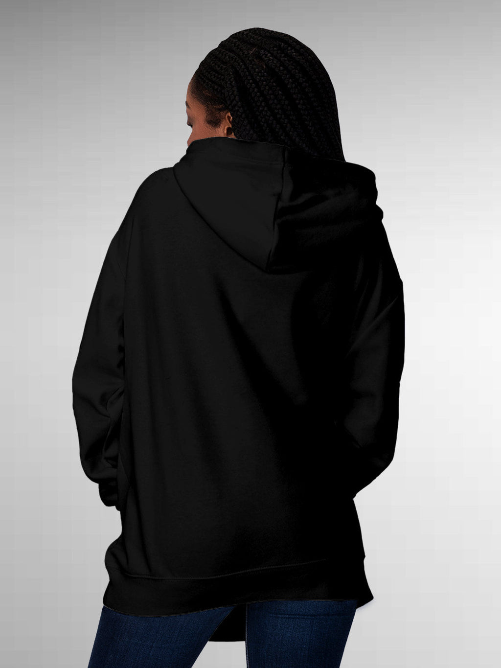 Back view of Fighterhero Women's Black Hoodie Sweatshirt, highlighting the modern look and clean finish