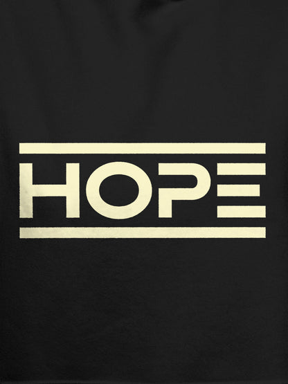 Close up of 'Hope' design on Men's Dark Grey Hoodie Sweatshirt, highlighting intricate details and vibrant print.